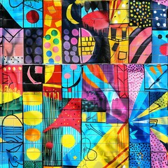 A vibrant street mural in an urban setting, showcasing a colorful graffiti wall with abstract patterns and social messages