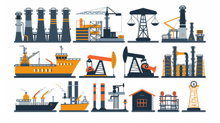 A collection of industrial equipment and machinery, including a tanker, a crane, and a drilling rig