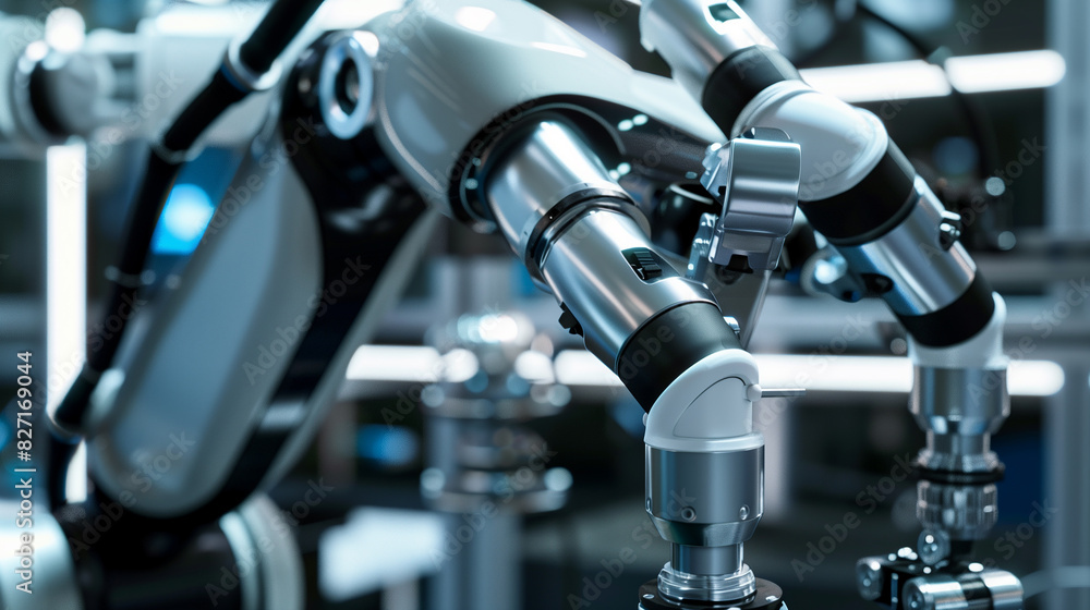 Poster a robot arm is shown in a white color with a blue and green color on its end. the robot arm is reach