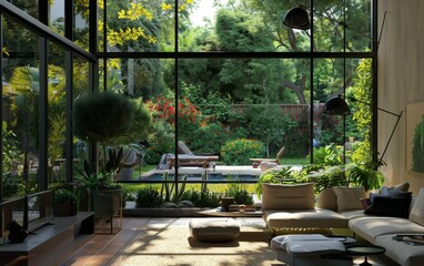 Fototapeta premium Design a modern living room with floor-to-ceiling windows, showcasing a panoramic view of a lush garden