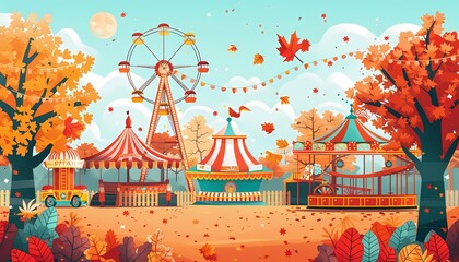 Fototapeta premium Design a flat style autumn fair with rides and colorful decorations