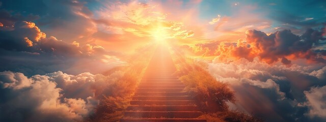 Fototapeta premium Stairway Leading Up To Sky At Sunrise - Resurrection And Entrance Of Heaven