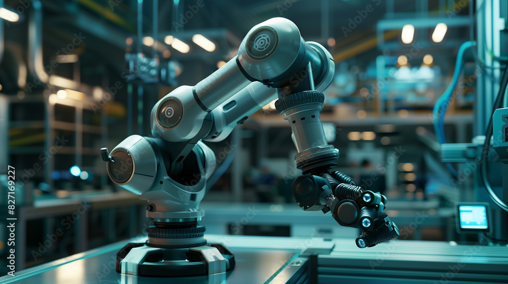 Aufkleber a robot arm is shown in a white color with a blue and green color on its end. the robot arm is reach