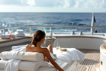 Woman relaxes on a yacht deck with a serene ocean view, enjoying a luxurious spa treatment and the essence of tranquility