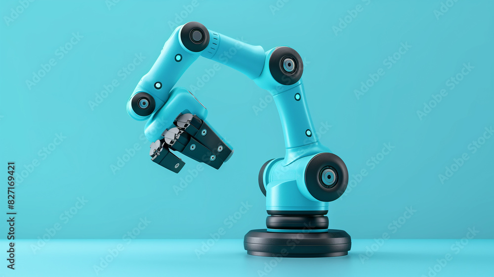 Poster a robot arm is shown in a white color with a blue and green color on its end. the robot arm is reach