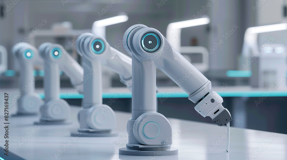 Poster a robot arm is shown in a white color with a blue and green color on its end. the robot arm is reach