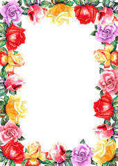 Vertical postcard template with frame of colorful bright roses