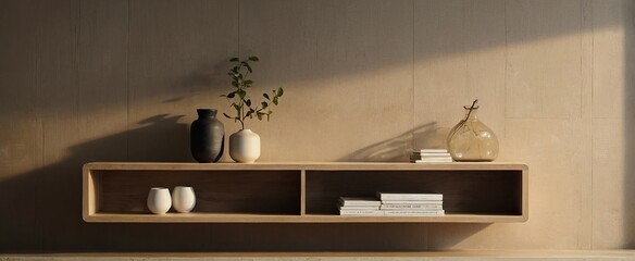 Versatile simple beige light background for presentation with a wooden shelf on the wall