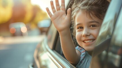 Happy young girl waves goodbye from the backseat of a car, capturing a moment of joyful departure in warm sunlight