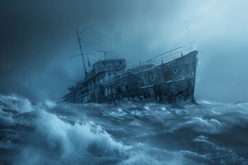 A sinking ship in a stormy Arctic sea, highlighting a dramatic and perilous maritime scene.