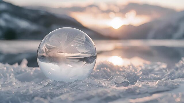 A frozen ane bubble reflecting the surrounding winter landscape.