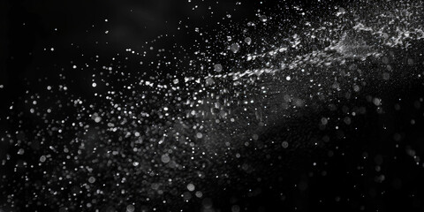 Water spray on black background, white water droplets falling in the air, particles of dust floating in space.Abstract black and white bokeh lights with sparkling particles creating a dramatic