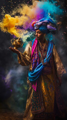 Fototapeta premium A young wizard summons a magical Genie from a lamp, colorful smoke and the feel of an Arabian old fairy tale, vertical travel advertising poster for popular destinations