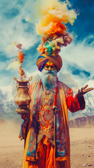 Naklejka premium The wizard, dressed in a regal oriental outfit, summons the Genie from the lamp, radiates an aura of mysticism and miracles, vertical portrait