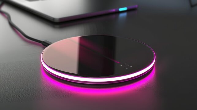 Design a sleek wireless charging pad with a glossy surface, soft LED indicator, and a minimalist design approach