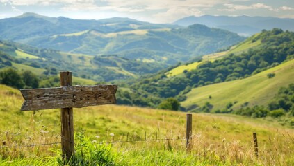 Breathtaking valley view and wood sign pointing to rolling hills. Adventure through scenic terrain, copy space text. Picturesque countryside background