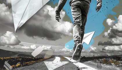 Walking Through a Creative Collage of Black and White: Navigating the Path with Paper Planes and Roa