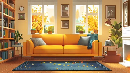 Illustrate a flat design scene of a cozy living room with autumn decorations