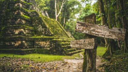 Historic Mayan ruins and wood sign pointing to ancient pyramids. Uncover lost civilizations, copy space text. Mysterious archaeological site background