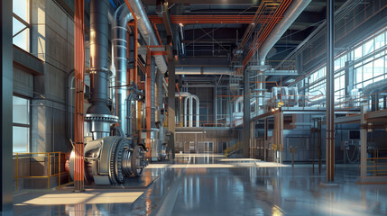 A large industrial building with a lot of pipes and valves