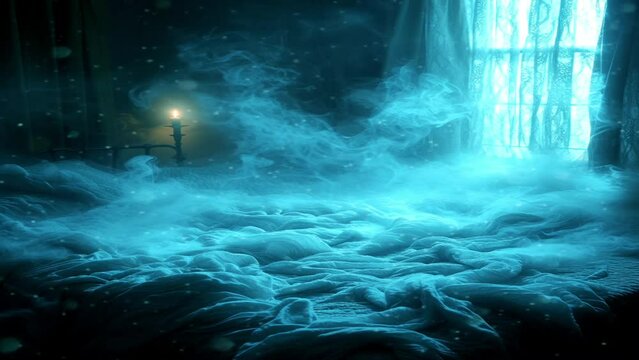 Ghosts that disturb sleep, under an eerie white blanket, white smoke adds to the mystical atmosphere.