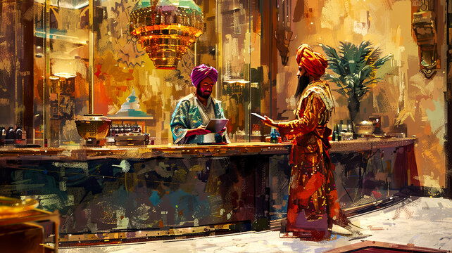 The receptionist at the hotel, dressed in traditional attire with rich details, bright colors and patterns, reserves a room for the guest, a tale of genies traveling the world