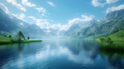 A tranquil lake with mountains and a clear blue sky