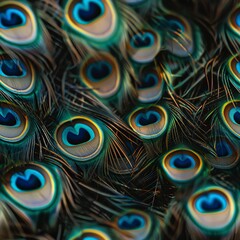 Obraz premium Close-up of peacock feathers under soft lighting, enhancing the natural colors and details, ideal for elegant wallpaper or fabric designs