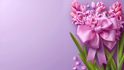 Spring hyacinth flowers with pink bow on purple gradient background with copy space for text. Beautiful floral tulip banner design for Motherâ€™s Day, Valentine or Birthday