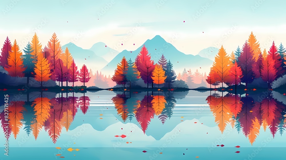 Poster create a flat design of a calm autumn lake with colorful trees reflecting in the water