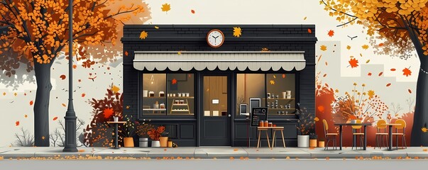 Create a flat design of an autumninspired coffee shop exterior with seating outside