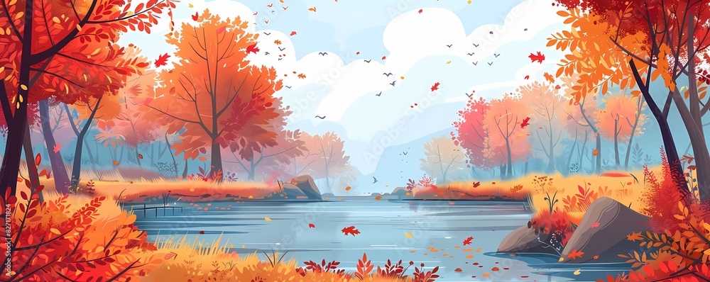 Poster create a flat design of an autumn scene by a river with colorful foliage