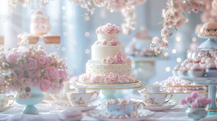 Fototapeta premium Design a whimsical vintage tea party in a photorealistic rendering