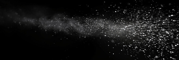 Water spray on black background, white water droplets falling in the air, particles of dust floating in space.Abstract black and white bokeh lights with sparkling particles creating a dramatic