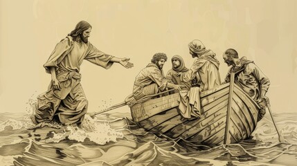 Jesus Walking on Water Reaching Out to Peter with Disciples in Boat, Biblical Illustration, Beige Background, Copyspace