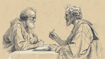 Fototapeta premium Apostle John Receiving Revelation on Patmos, Writing Down Visions of Future, Risen Christ, Biblical Illustration, Beige Background, Copyspace