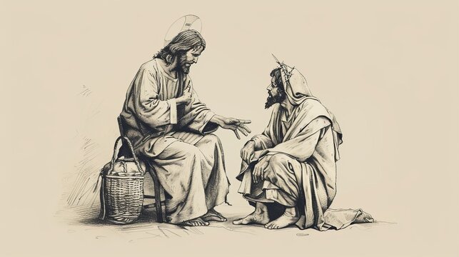 Jesus Telling Parable of Wise and Foolish Builders, Houses on Rock and Sand, Storm Approaching, Biblical Illustration, Beige Background, Copyspace