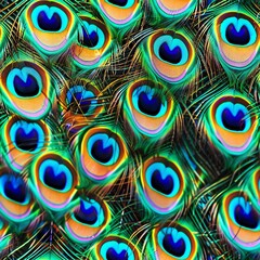 Vibrant display of peacock feathers fanned out, showcasing a spectrum of colors and intricate eye patterns for a decorative image