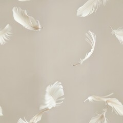 Obraz premium A serene image of soft feathers floating gently against a light background, creating a peaceful and minimalist aesthetic