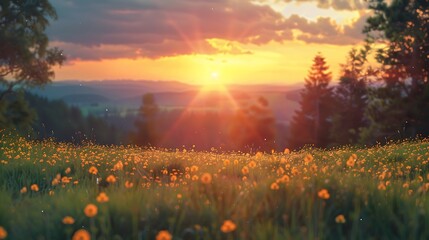 A sunset over a forested landscape