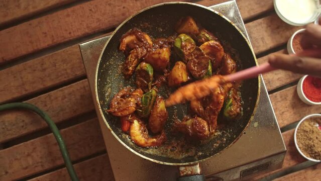 cooking pointed ground or potol or parwal shrimp curry with potato