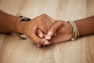 Home, support and couple holding hands, care and empathy with compassion, trust and love. Closeup,...