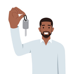 Man holding car key as he is just buying a new car or selling cars. Flat vector illustration isolated on white background