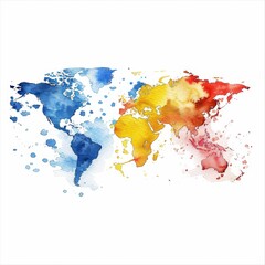 Vibrant watercolor world map with splashes of blue, yellow, and red. Artistic and colorful representation of continents on a white background.