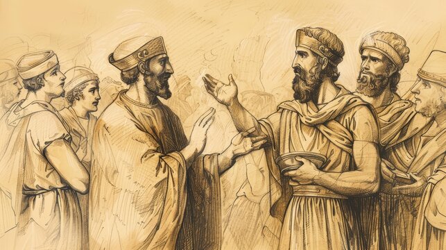 Biblical Illustration of Anointing of Solomon as King by Zadok and Nathan, People Rejoicing, Beige Background, Copyspace