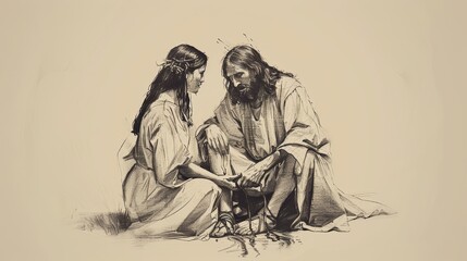 Fototapeta premium Anointing of Jesus at Bethany, Mary Pouring Perfume on Jesus Feet, Biblical Illustration, Beige Background, Copyspace