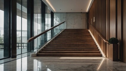 Obraz premium Wooden staircase and marble floor in minimalist interior design of modern entrance hall with door