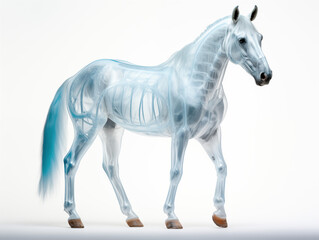 Obraz premium A Horse With A Semi-transparent Skeleton Showcasing A Detailed, Glowing Skeletal Structure On A Clean Pastel Light And White Isolated Background For Commercial Photograph