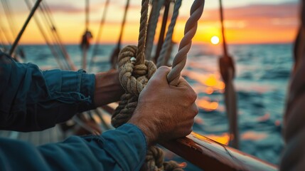 Close-up of a sailor's hands tying a knot on the ship at sunset