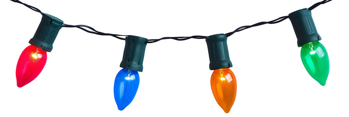 Christmas light bulbs on string in multi colours; blue, yellow, red, pink and green on white background for Xmas, new year or special event celebration (tree ornament concept)